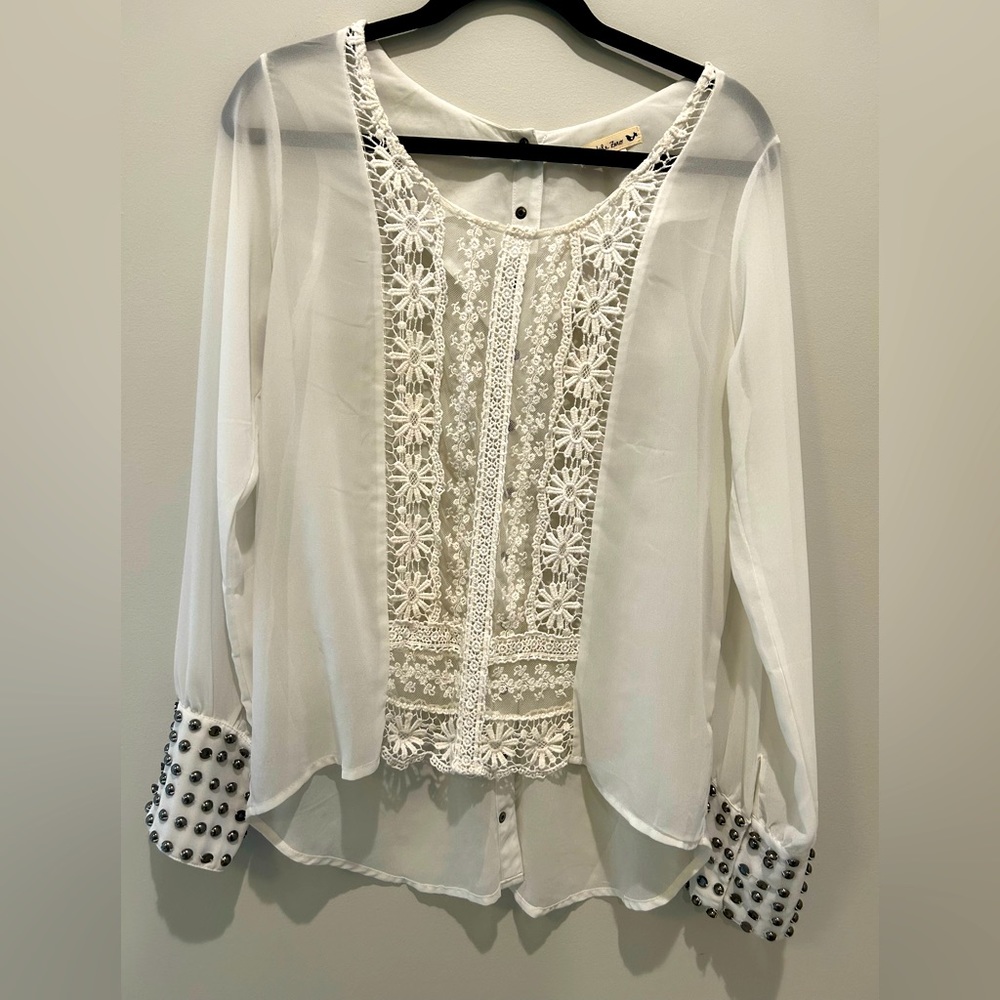 Sheer Cream Open Lace Front Blouse with Buttons Down Back Studded Wrist
